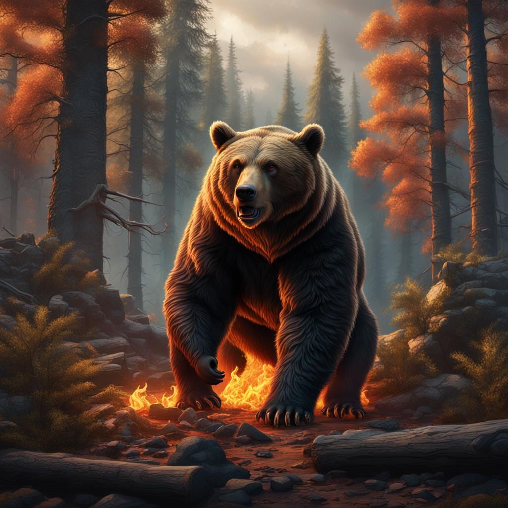 Bear in woods near a fire