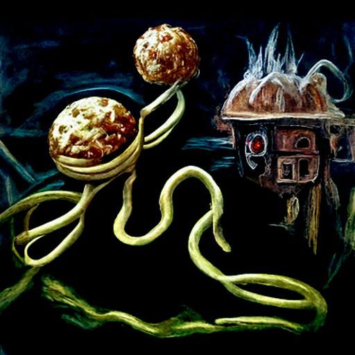 Lovecraftian Spaghetti and Horse Meatballs Oil Painting on C...