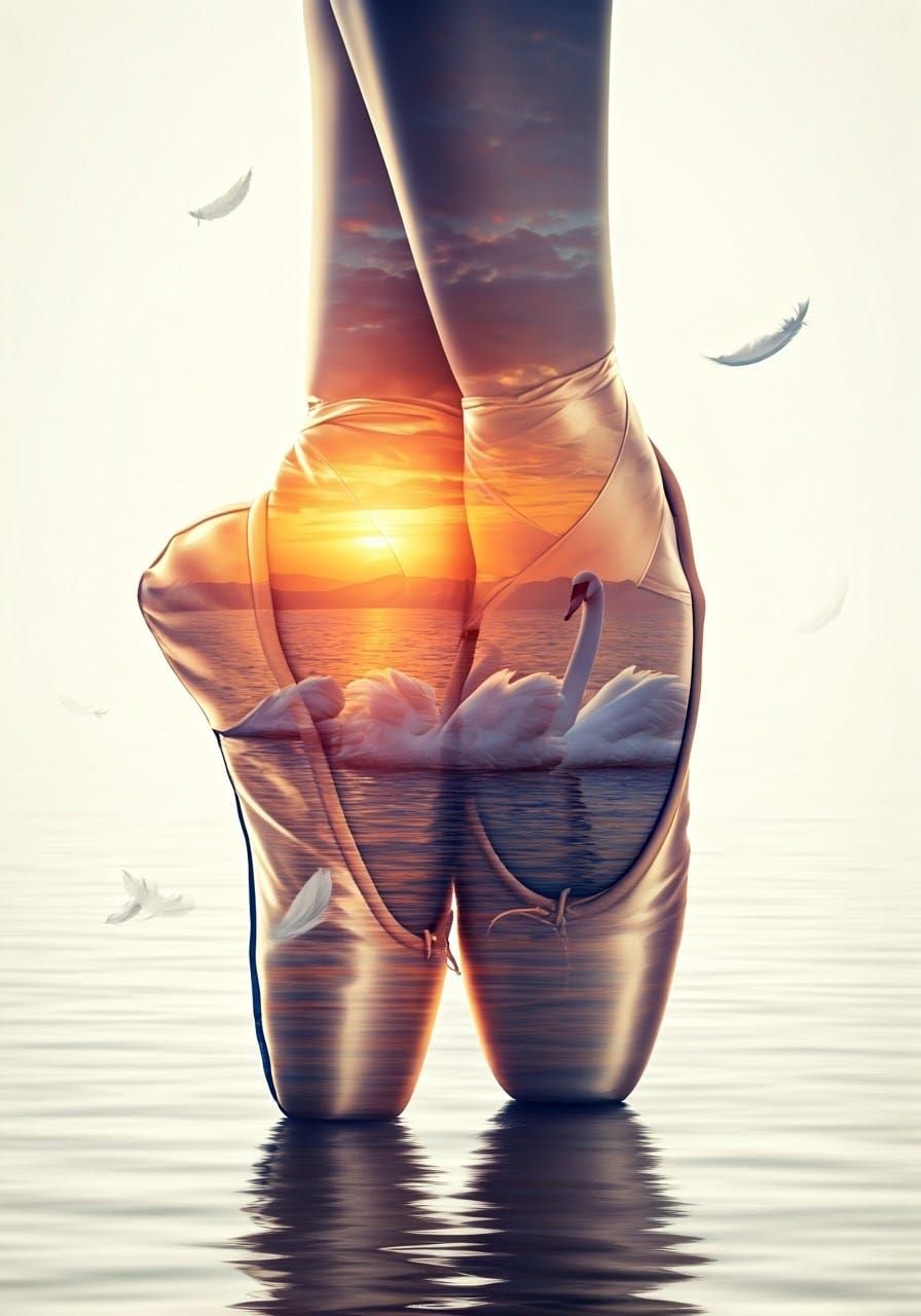 A close up double exposure of a classic dance pointe shoes blended with swan lake at sunset with swans ...  by @Ima