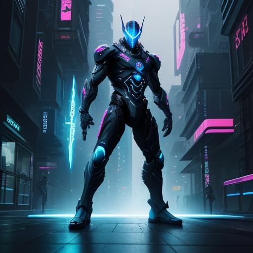 Cyberpunk Warrior with Neon Sword in Futuristic City