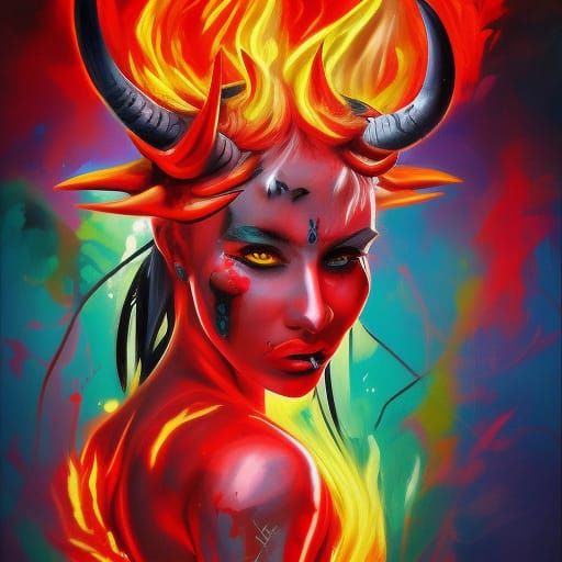 acrylic red demon, woman with horns, flames, burning house, flickering ...