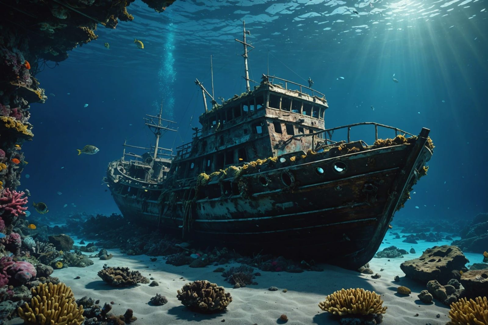 Underwater shipwreck in disarray, broken boat, dark mid-ocean view, Sea rays, Bioluminescent and neon ...  by @Ethros