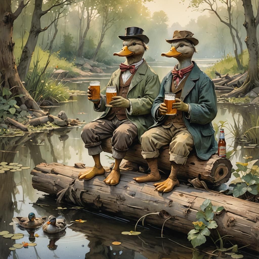 An duo of anthropomorphized duck are sitting on a log by a p...
