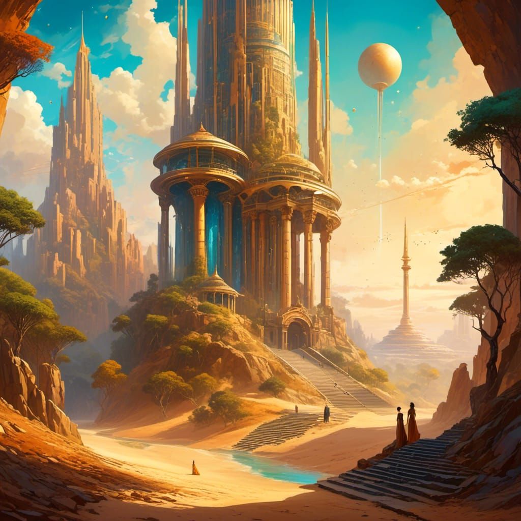 (stylized hourglass with sand flowing upward), ancient ruins next to modern city next to futuristic spaceship <lora:Dreamy Surreal:1.0> 