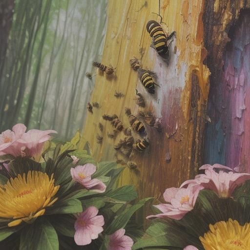 Beehive in Forest with Flowers, Impasto Oil Painting