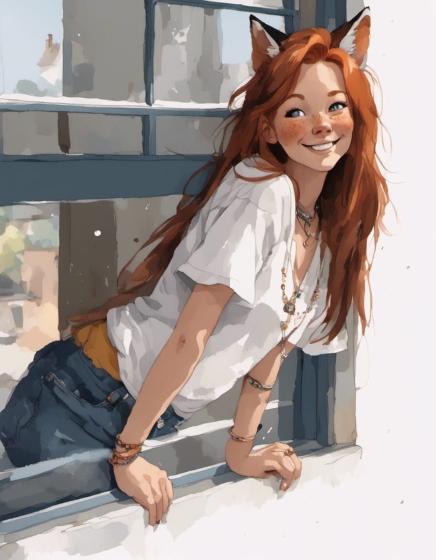 Adorable Fox-girl leans out the house window.