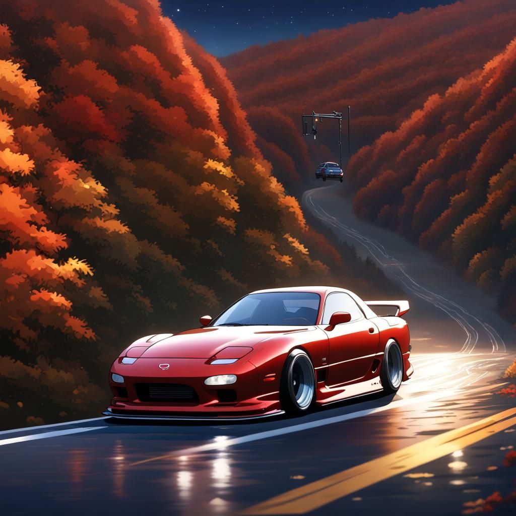 A Mazda rx7 drifting down a mountain road, nice wheels, with a wide ...