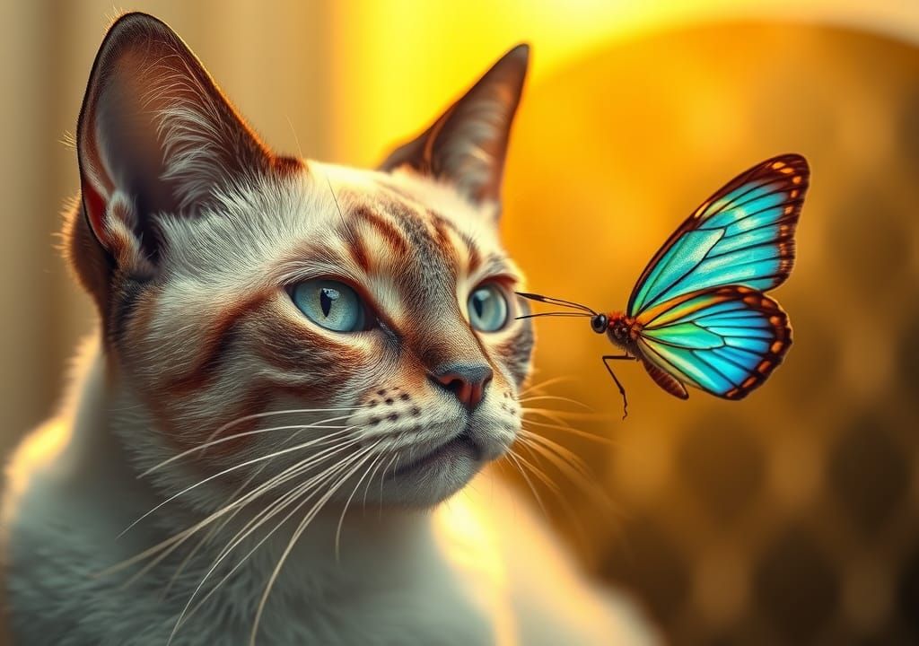 Portrait of Siamese cat with a butterfly resting on its nose...