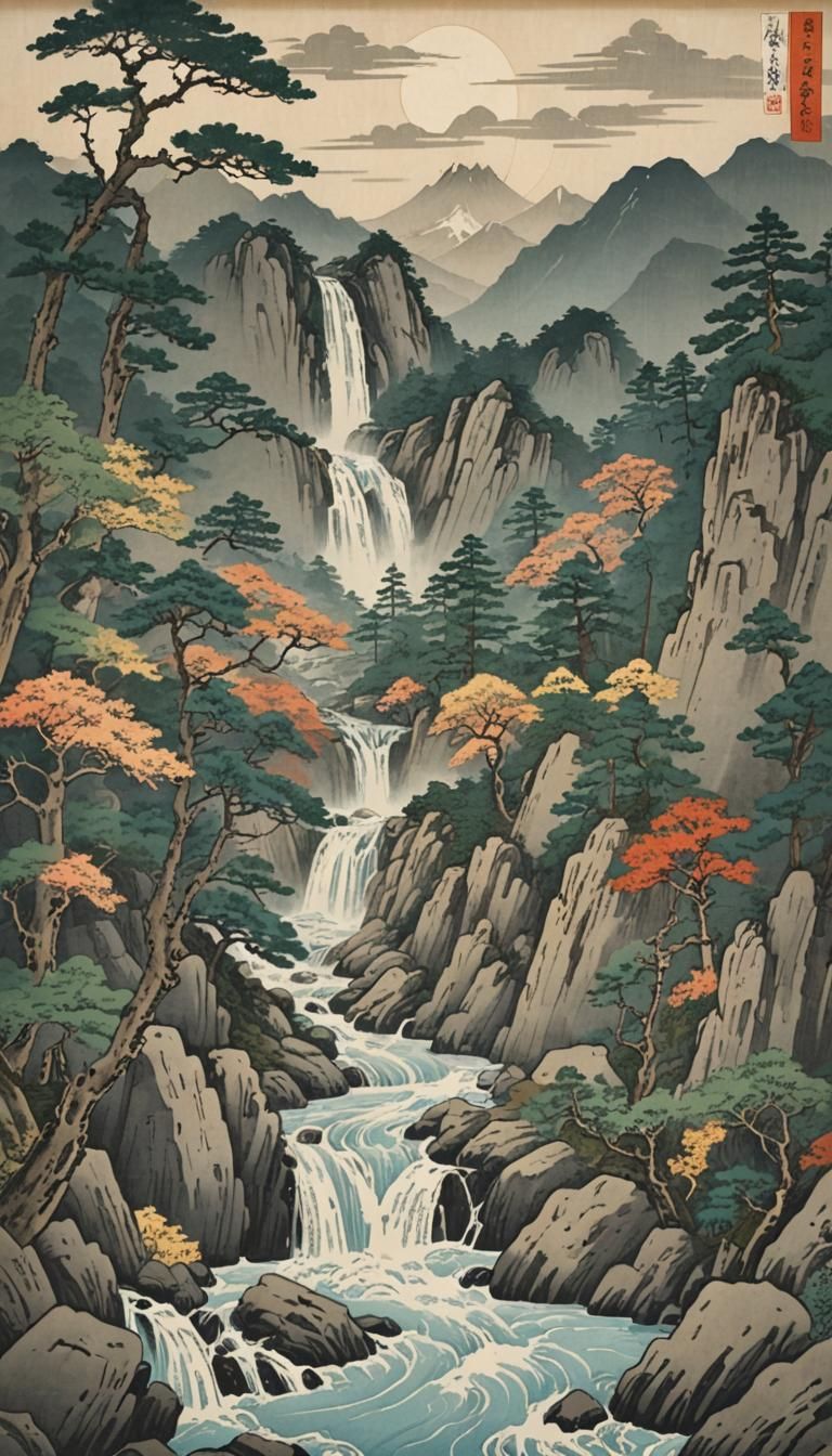 a waterfall and a river flowing through a rocky mountain for...