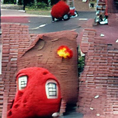 Big red house in the middle of the street being hit by a bom...