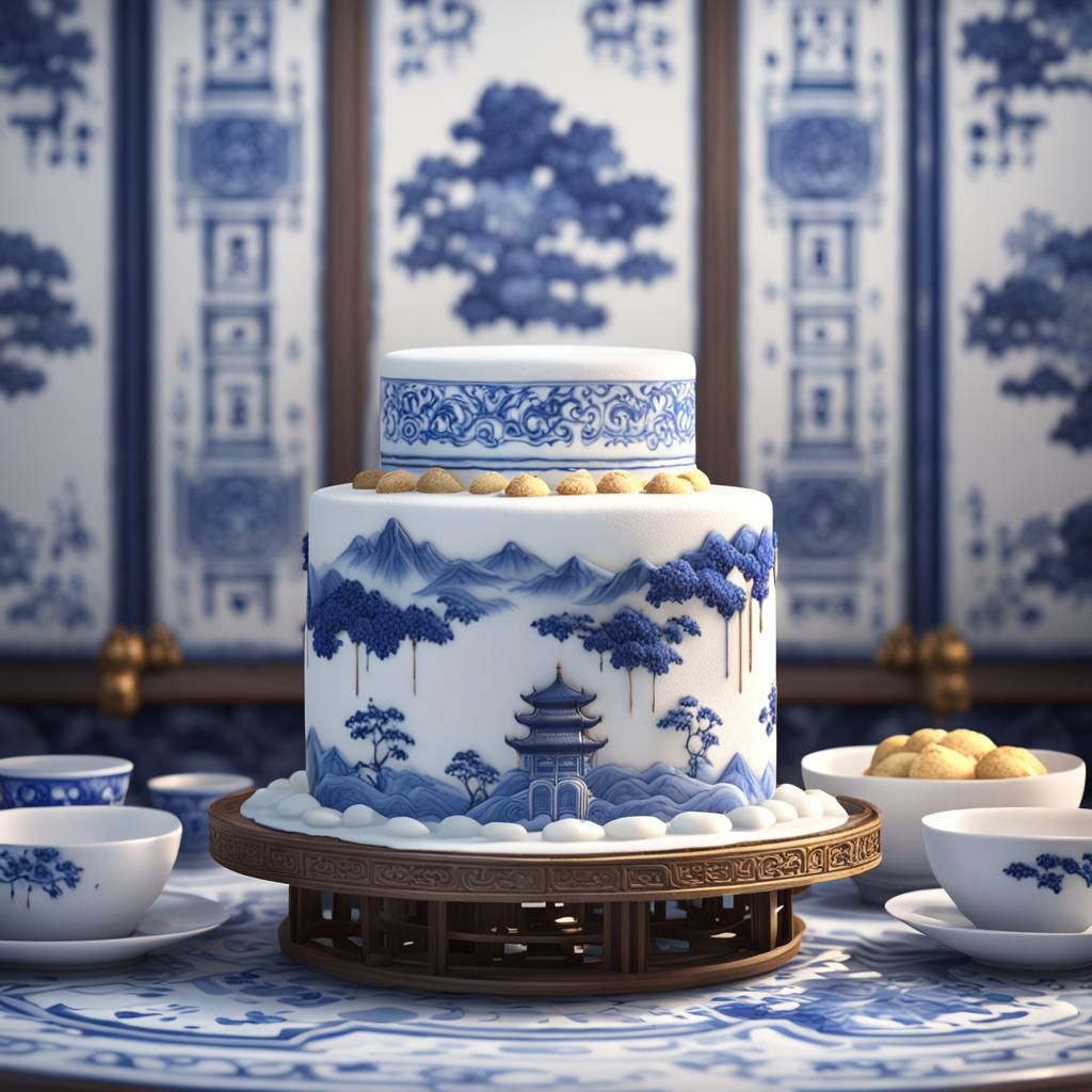 beautiful vanilla cake made with blue and white chinese cera...