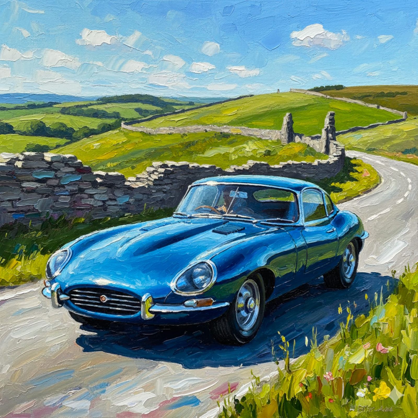 Jaguar E-Type Passes Hadrian's Wall, Northern England
