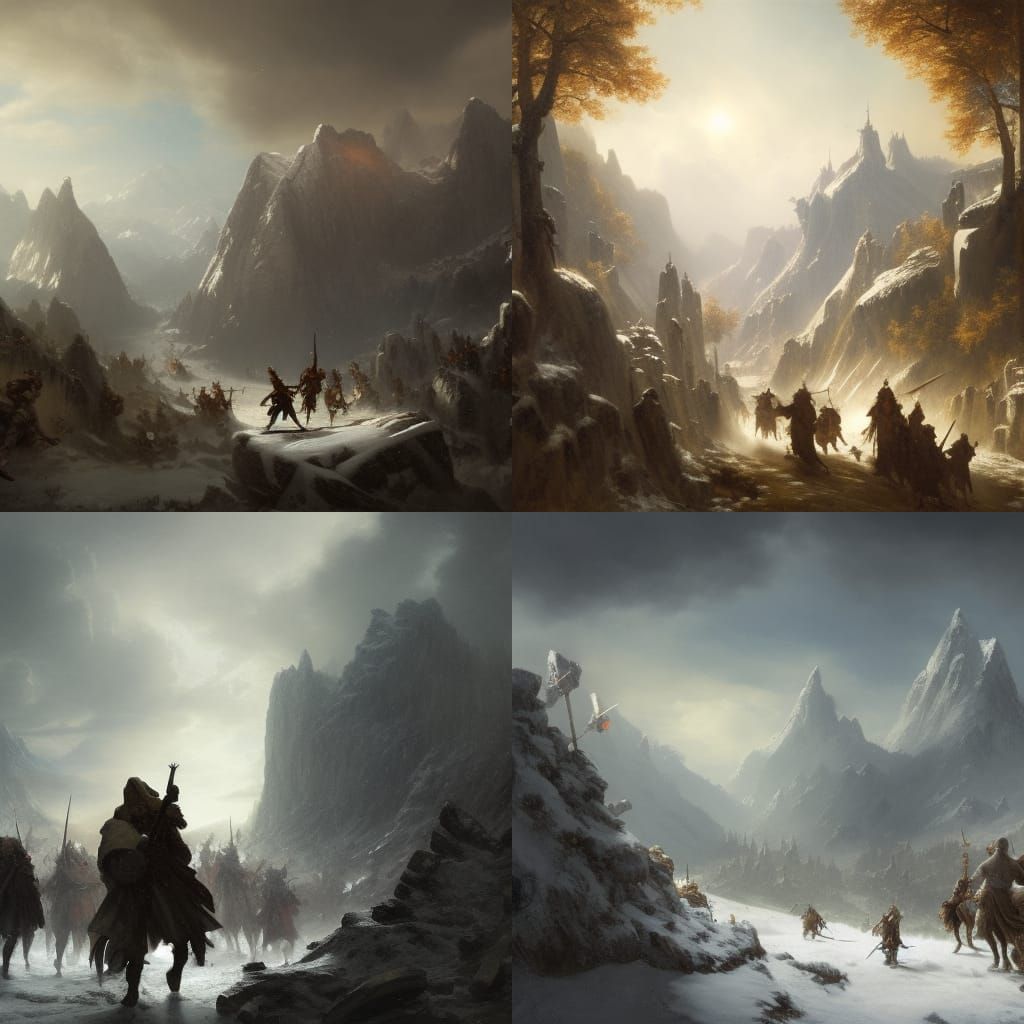 Adventurers stand above a sunlit snow covered valley as they are joined by warriors from a nearby village