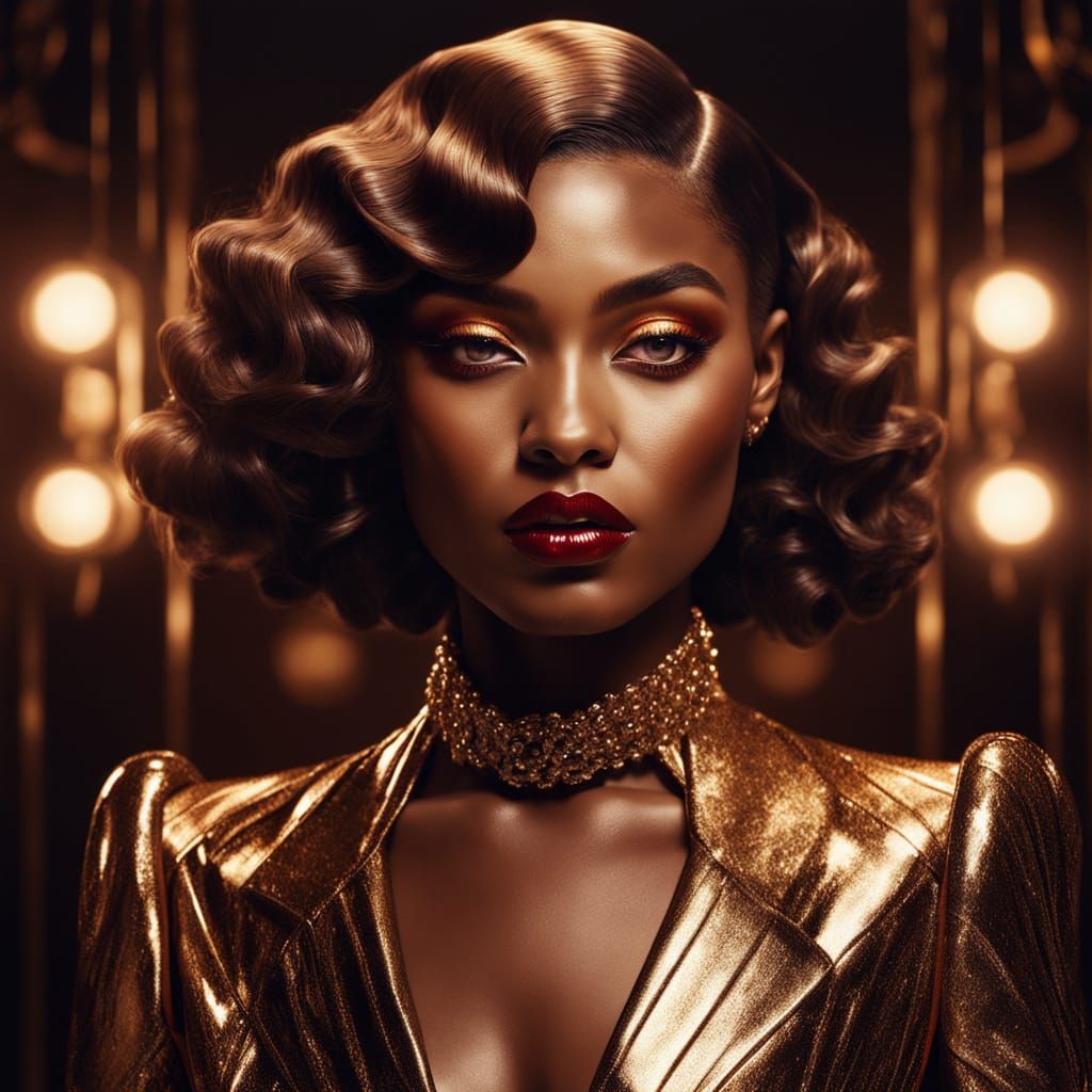 Glamorous African American Woman in Brown Latex Gucci Fashio...