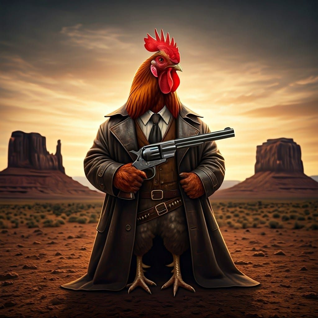 Heroic Rooster in Dusty Western Landscape