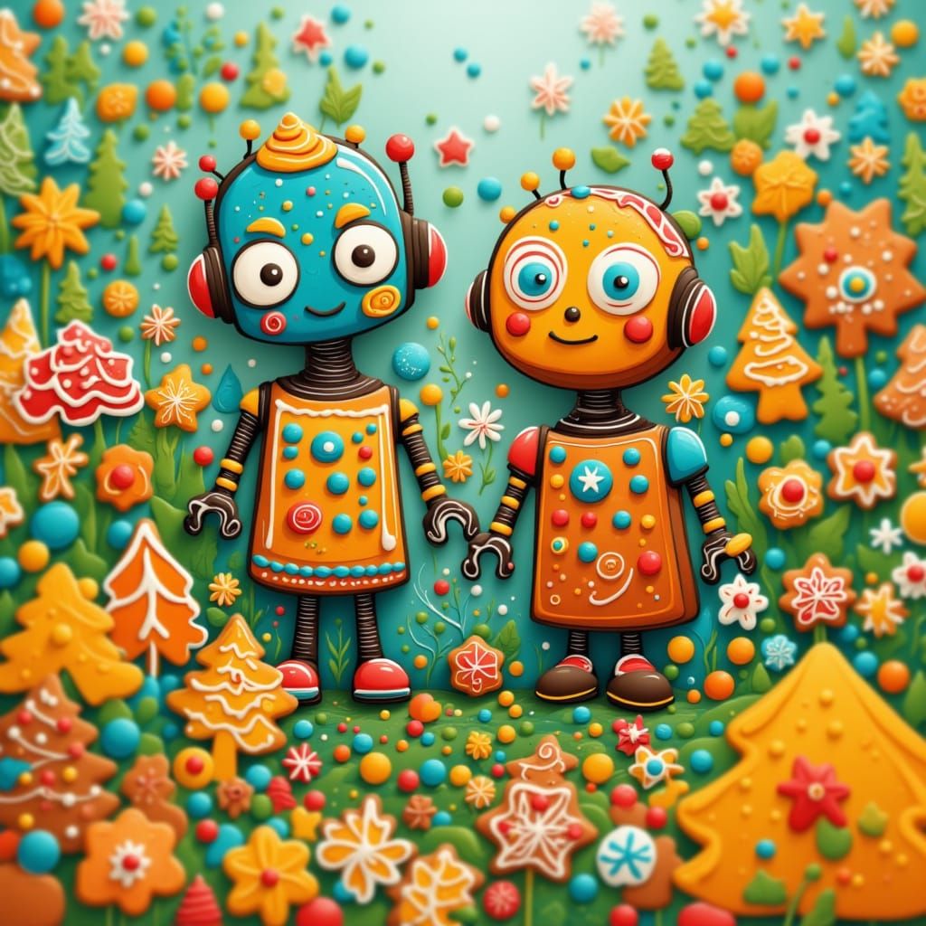 <lora:GINGERBREAD TREE:1.0> Cute robots in a flower garden