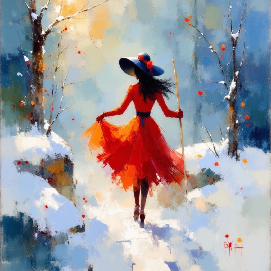 A woman in red on a snowy day  by @axelb