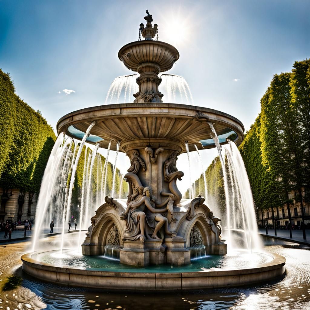"water fountain ,in Paris France , detailed photography , sunny
