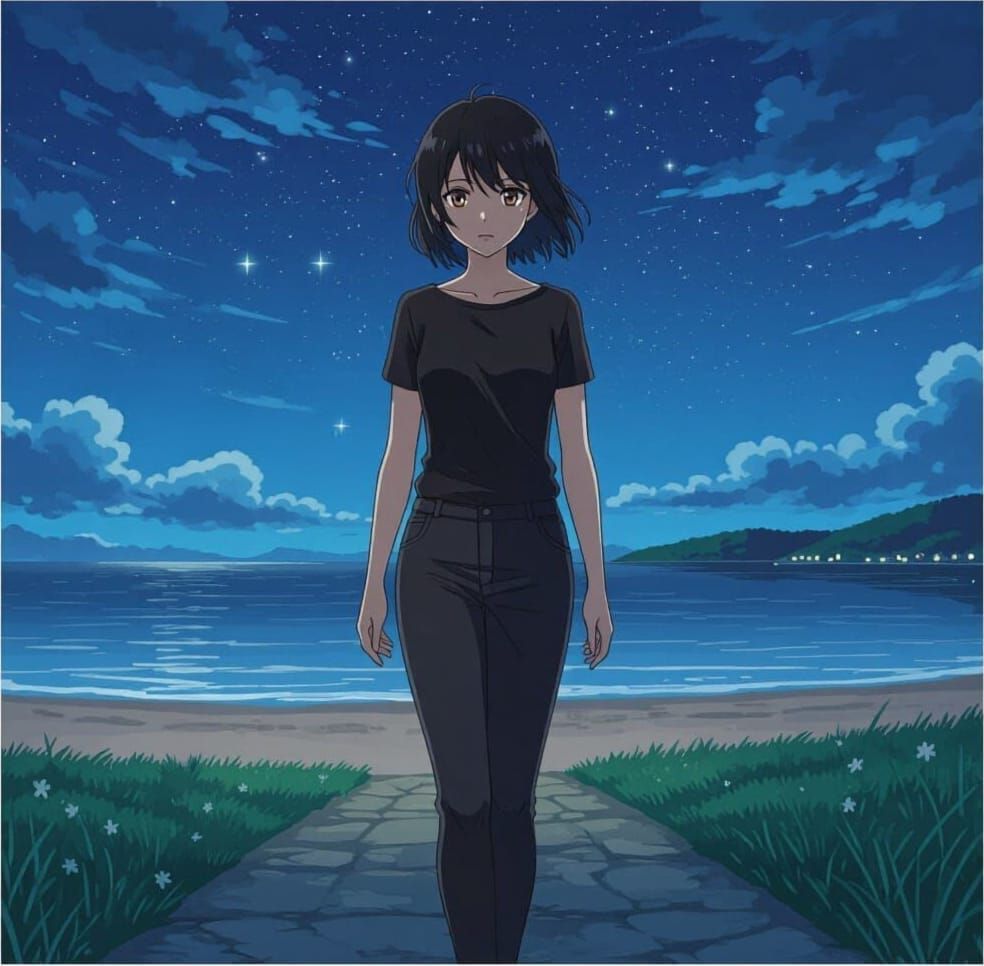 Anime Woman Walks on Beach at Night