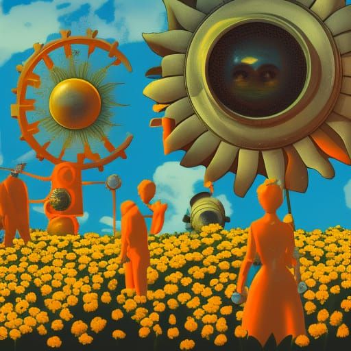 Orange people looking at a blue sign on a green space filled...