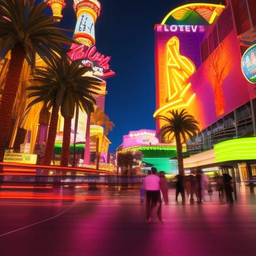 Las Vegas Strip bright neon lights with shadow people on the street ...