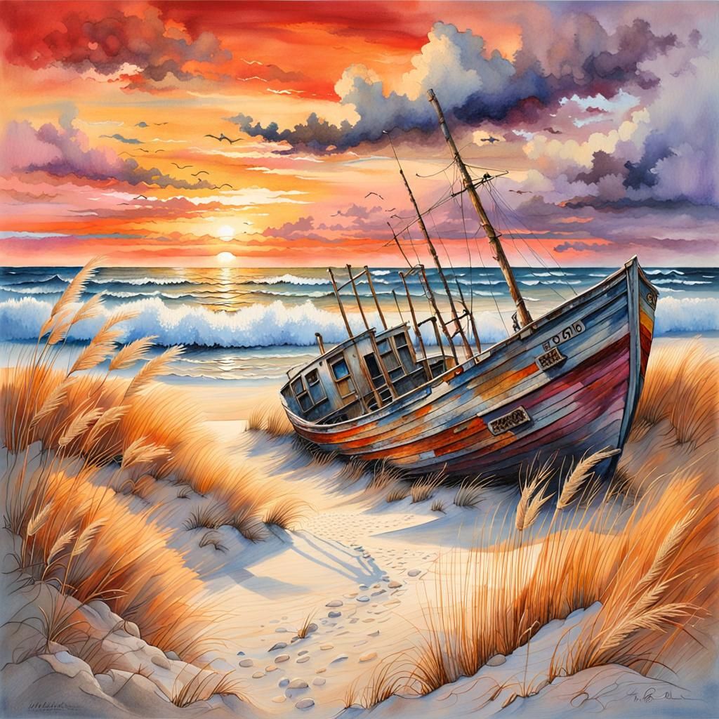 Decayed shipwreck, Shimmering ocean sunset reflecting on ocean turbulent waves white sand dunes,  tall ...  by @LyndanLeeAnn