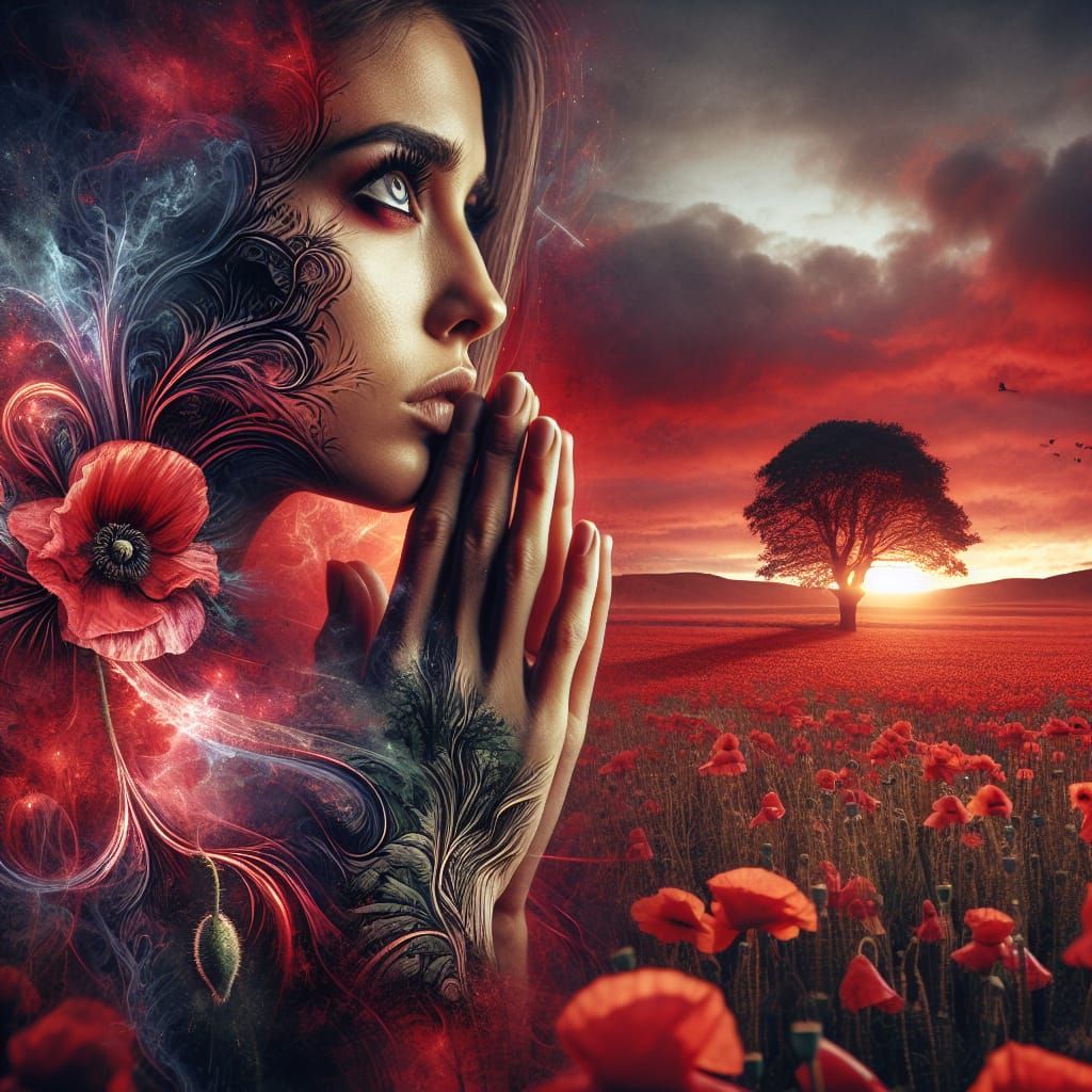 Cinematic over-detailed shot with elements of reds smoky linework tattoo patterns in double exposure: a close-up portrait of a girl and a s...