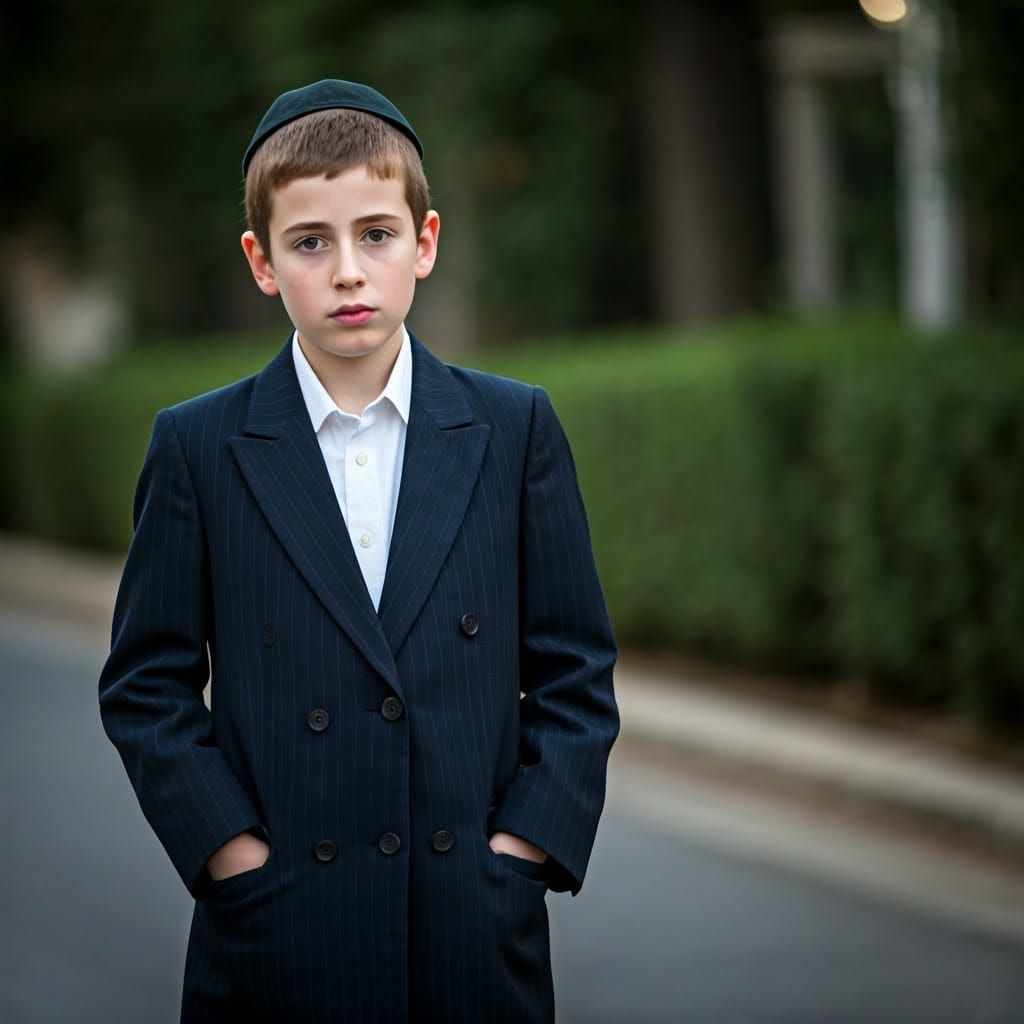 Young Boy Walking Down Quiet Street in Realistic Style