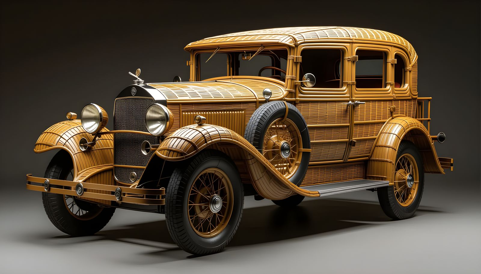 A car sculpture made entirely of woven bamboo. The fibers, details, joints, and arrangement of the bamboo ...  by @KOSH