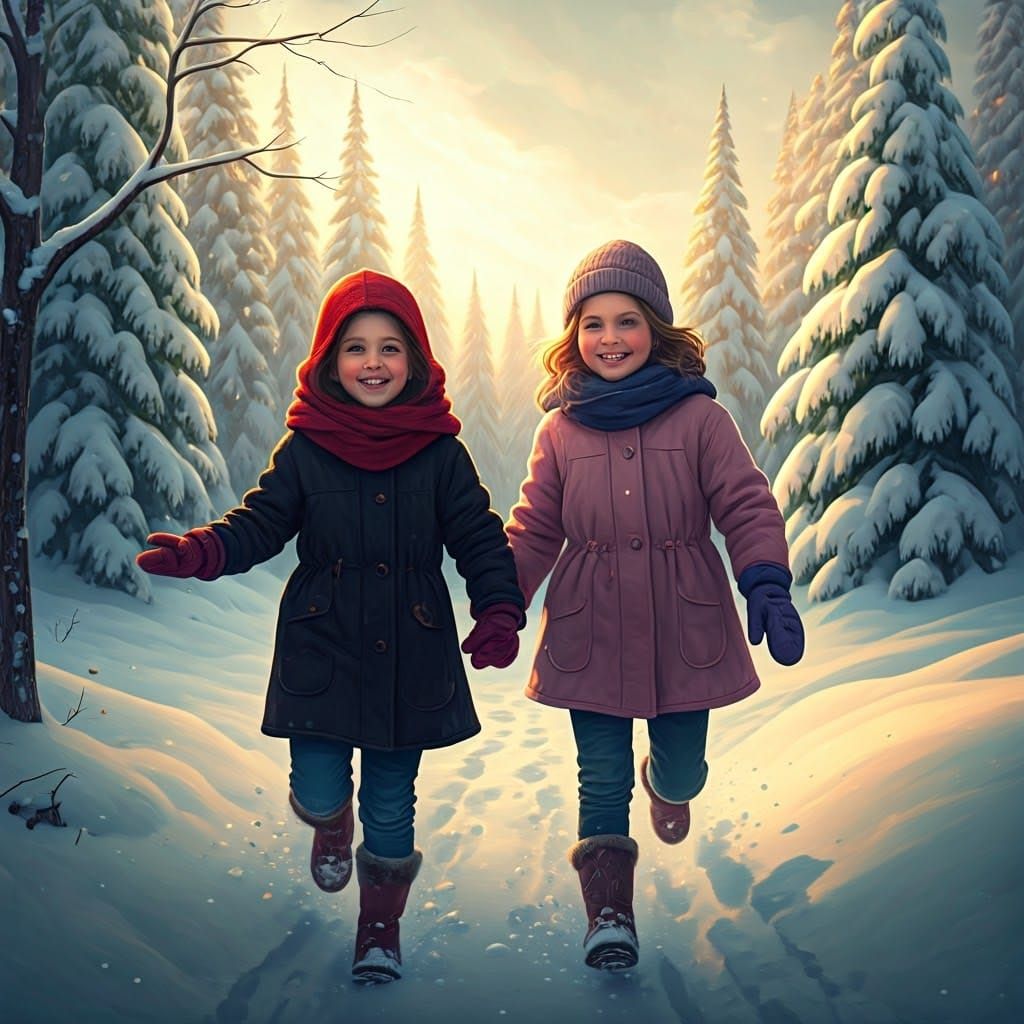 Girls Playing in Winter Wonderland, Digital Matte Painting