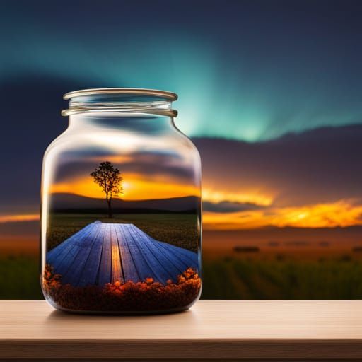 in a bottle, warm summer night, a giant illuminated jar with...