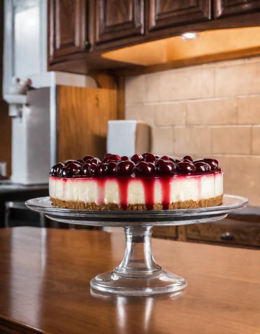 Double depth cherry cheesecake, Fancy Wood cabinet as backgr...