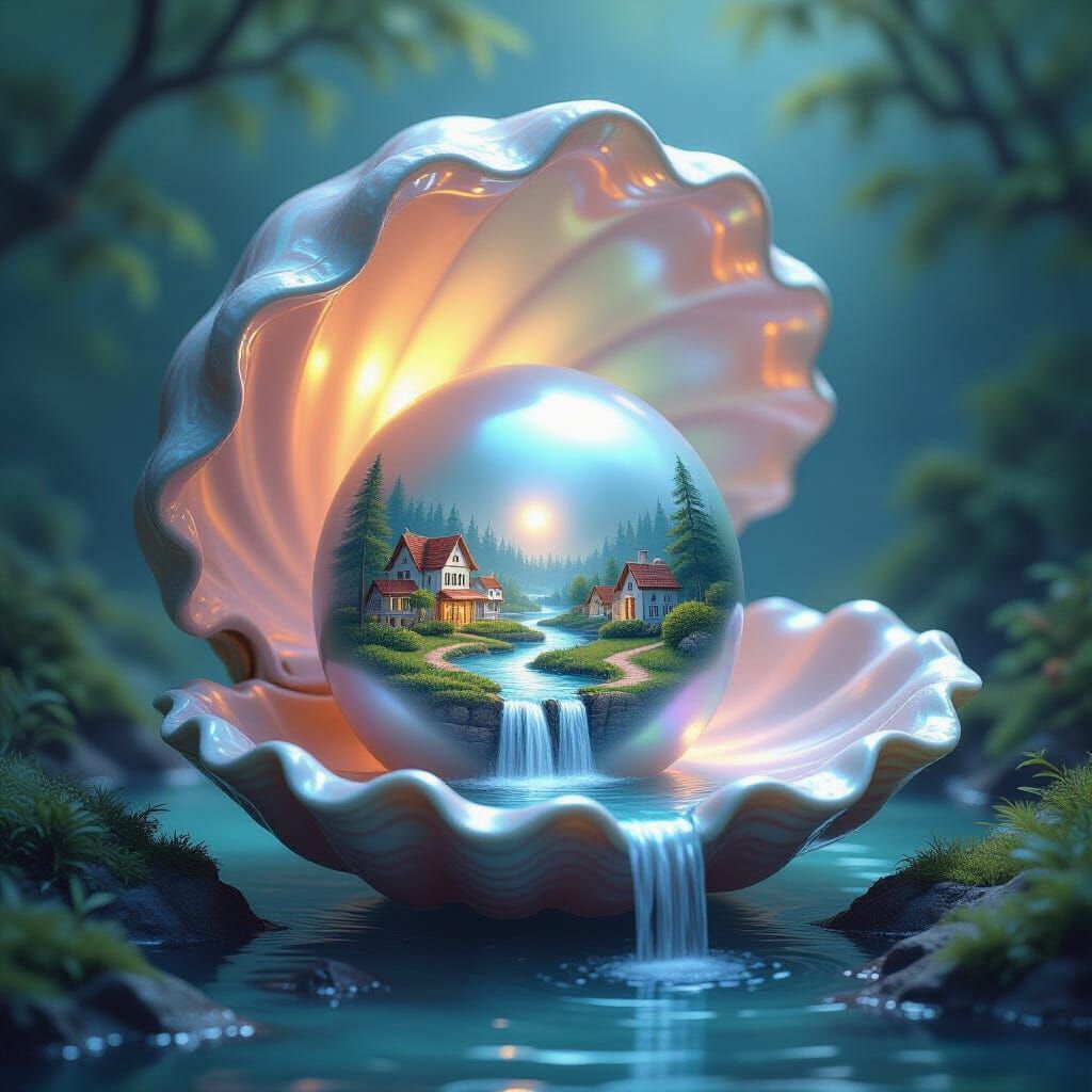 A seashell with a huge pearl inside. Inside the pearl you see a village with a stream and a small waterfall.