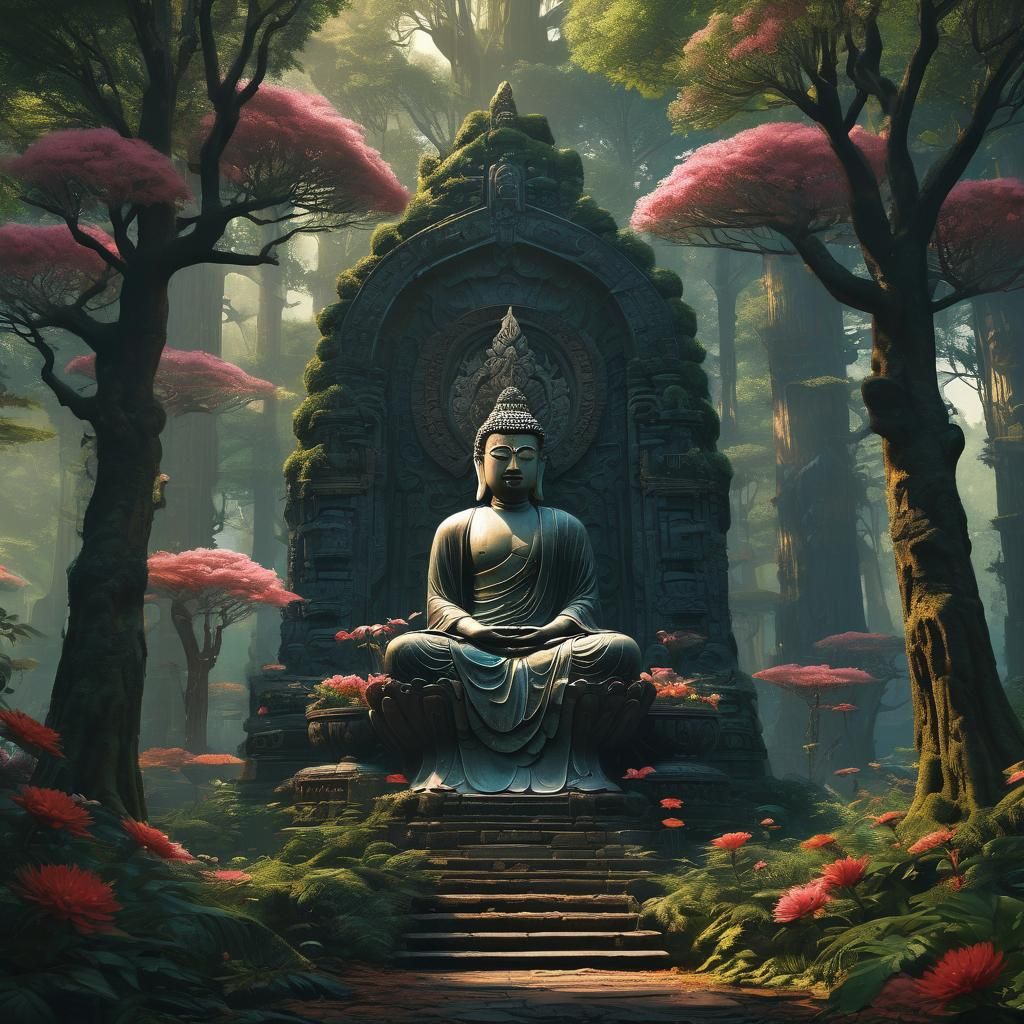 Buddha in Mystical Forest: Fantasy Matte Painting