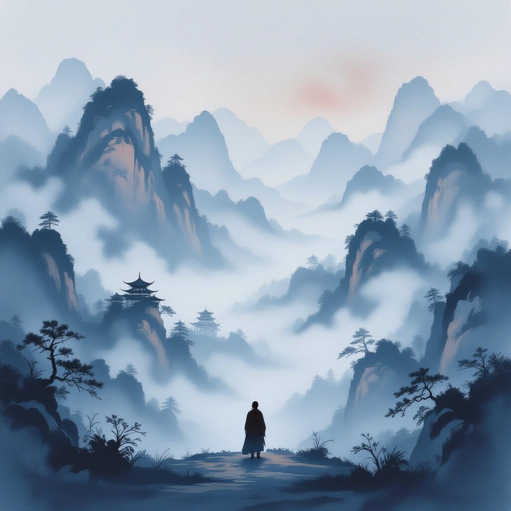 Misty Mountain Landscape: A Solitary Figure's Sorrow