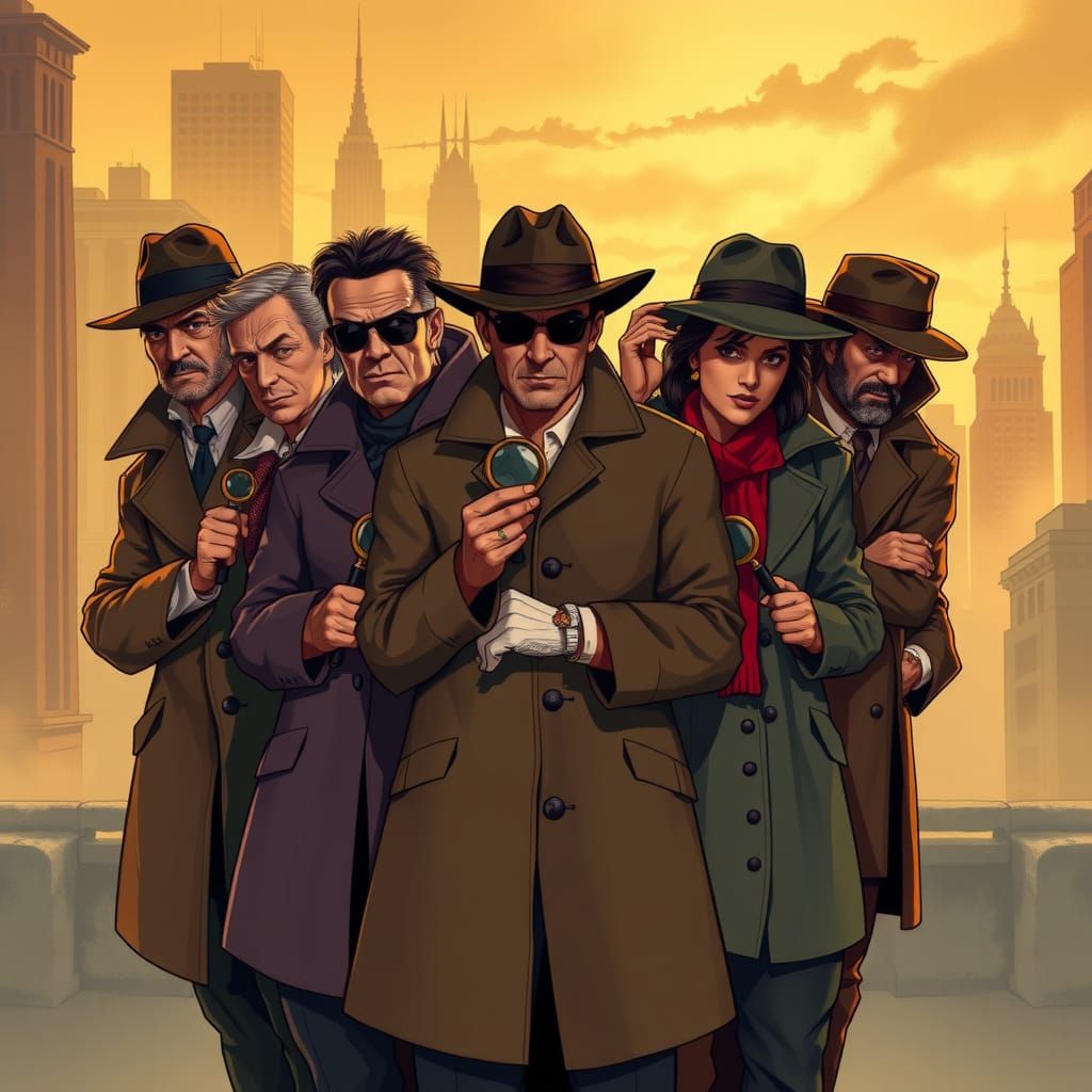 Diverse Detectives in Noir Style Cityscape