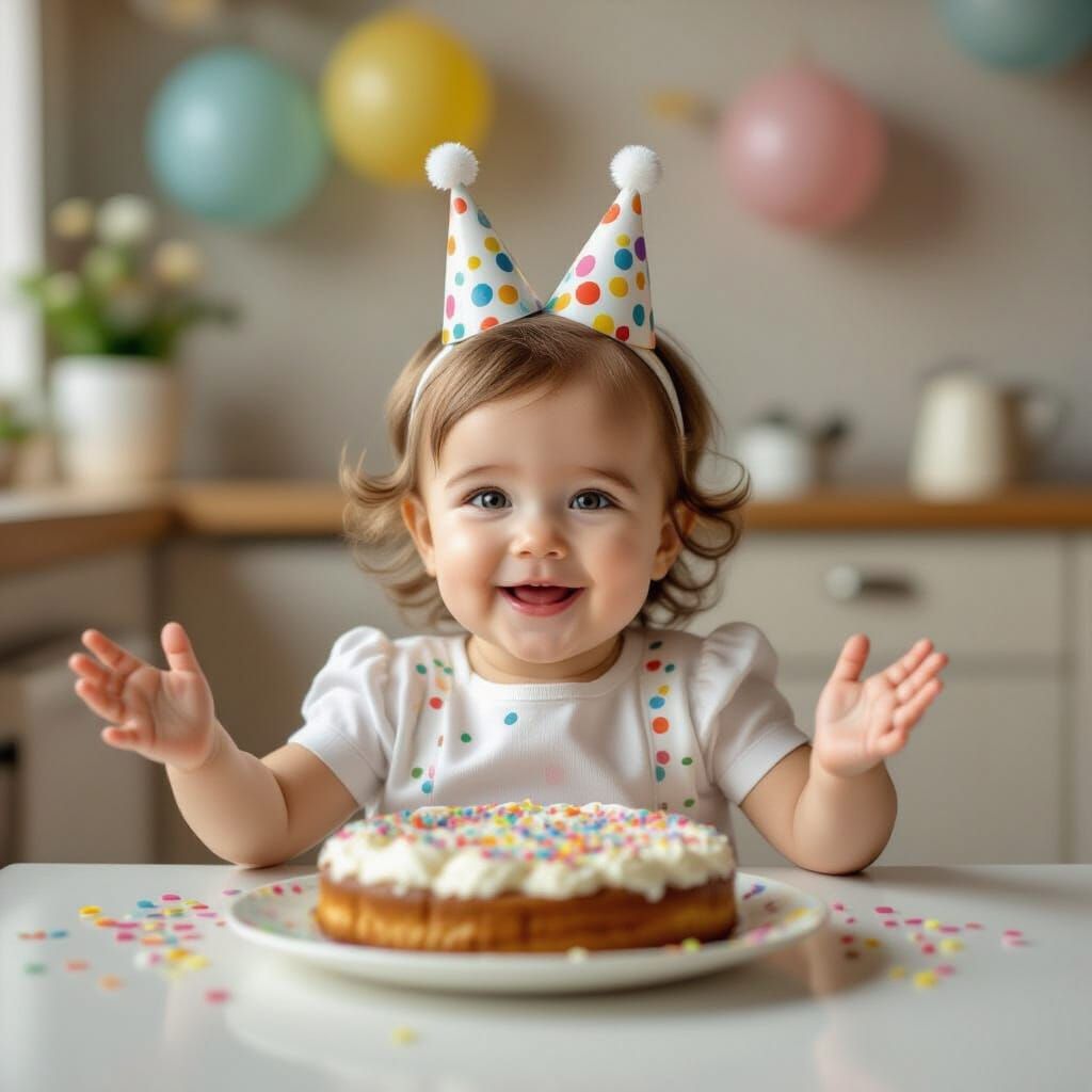 Happy First Birthday Celebration with Cake and Balloons