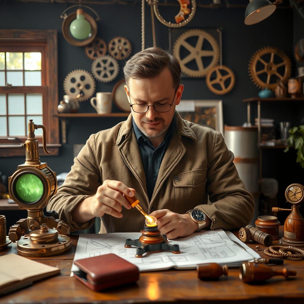A brilliant inventor at work in a steampunk-inspired workshop, surrounded by gears, blueprints, glowing ...  by @Fausto Santos