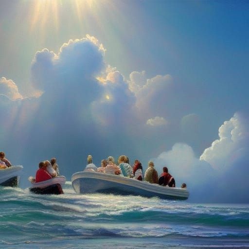 several large boats full of Christians riding up into the cl...