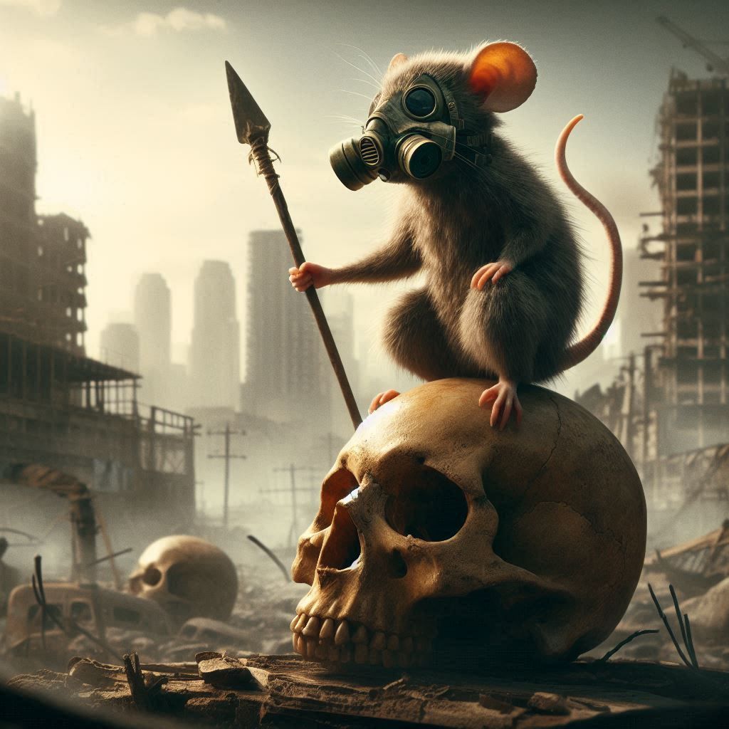 Rat warrior with gas mask and spear sitting atop skull in po...