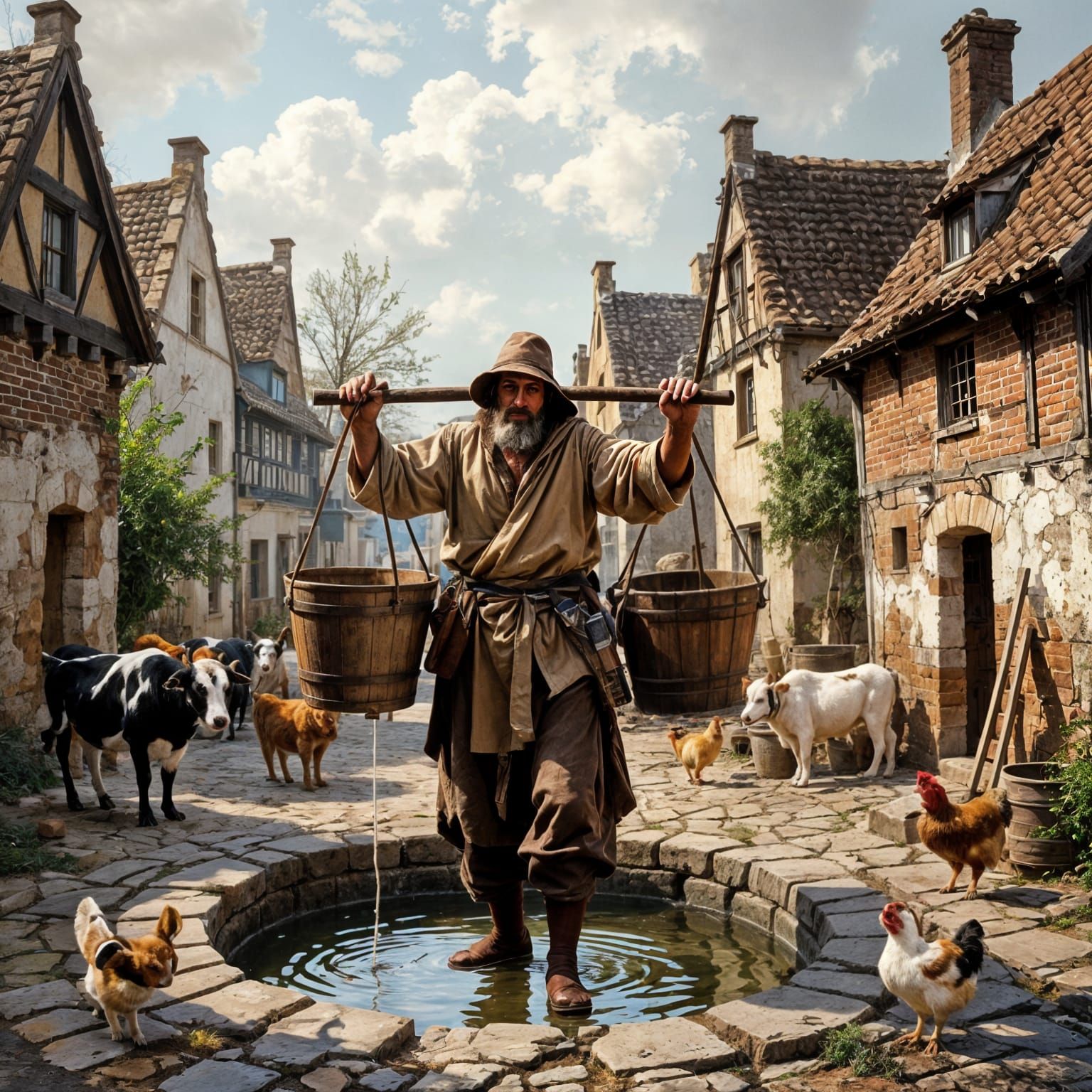 Medieval Water Bearer in Oil Painting Style