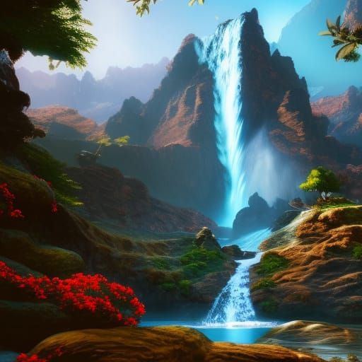 Waterfall and mountains