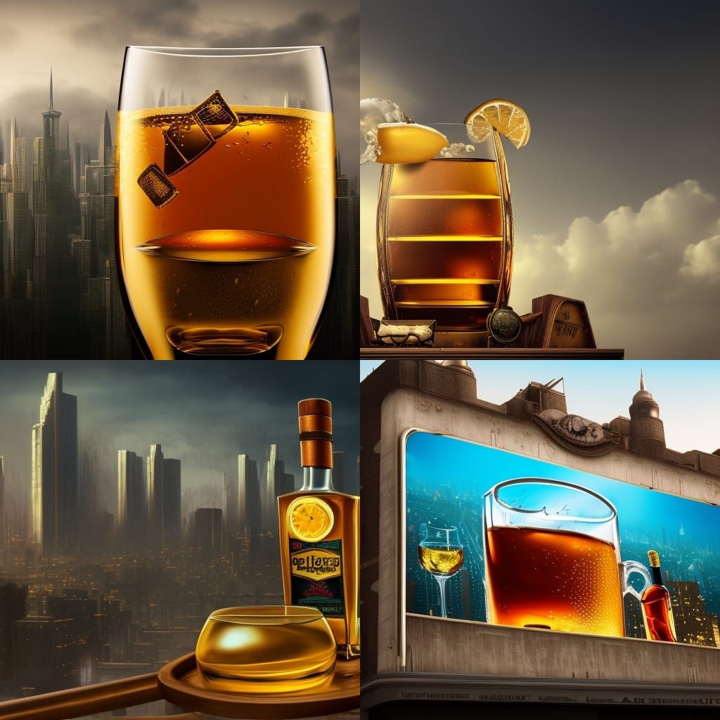 Large pair of glasses with a golden rum pictured on a billbo...