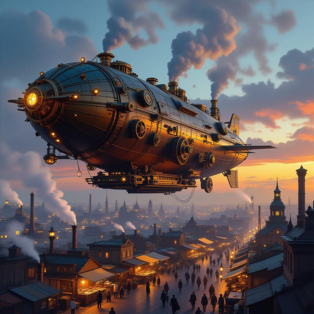 Steampunk Airship Over Industrial City at Twilight