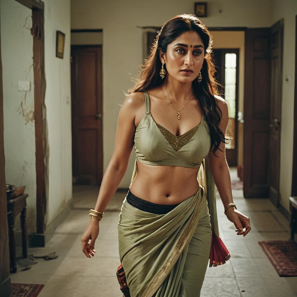 A beautiful Indian girl kareena kapoor with fair skin with brunette hairs  and open tank top and saree and nip slip wandering in house having... - AI  Generated Artwork - NightCafe Creator