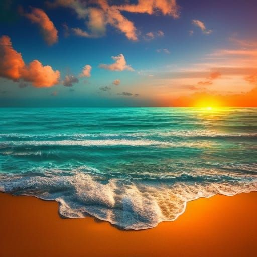 Beach at sunset with a turquoise sea and a tropical feel Epic cinematic ...