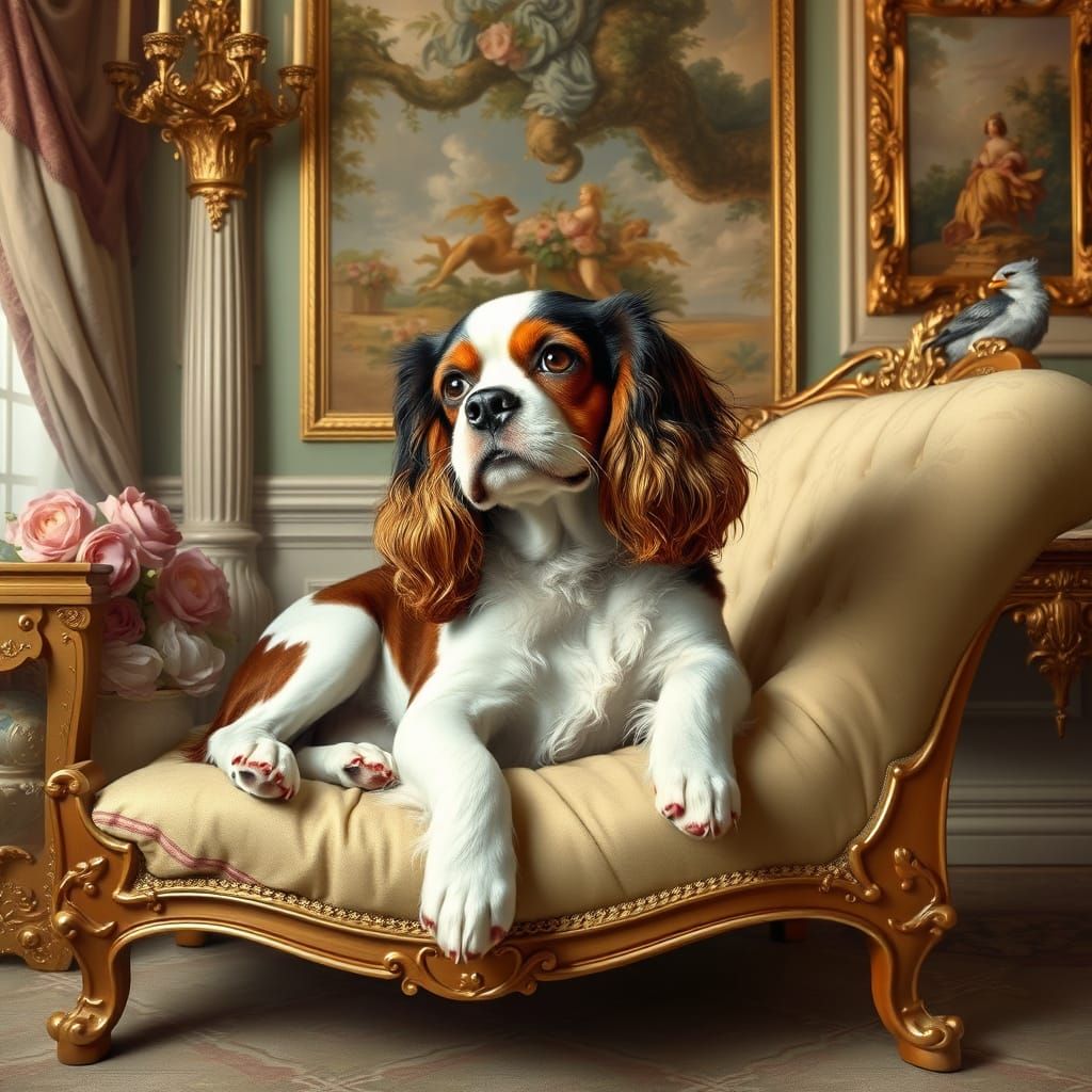 Imagine a Cavalier King Charles Spaniel as a character in a Rococo painting, reclining on a chaise lounge ...  by @CavDad 
