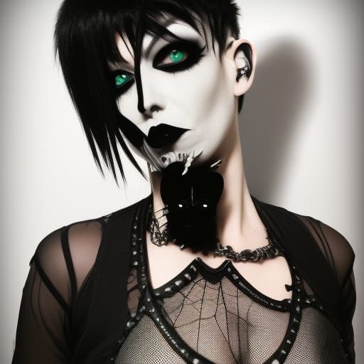 Androgynous goth. Fey. Fishnets. Claws. Spiderwebs. Thin. Bl...
