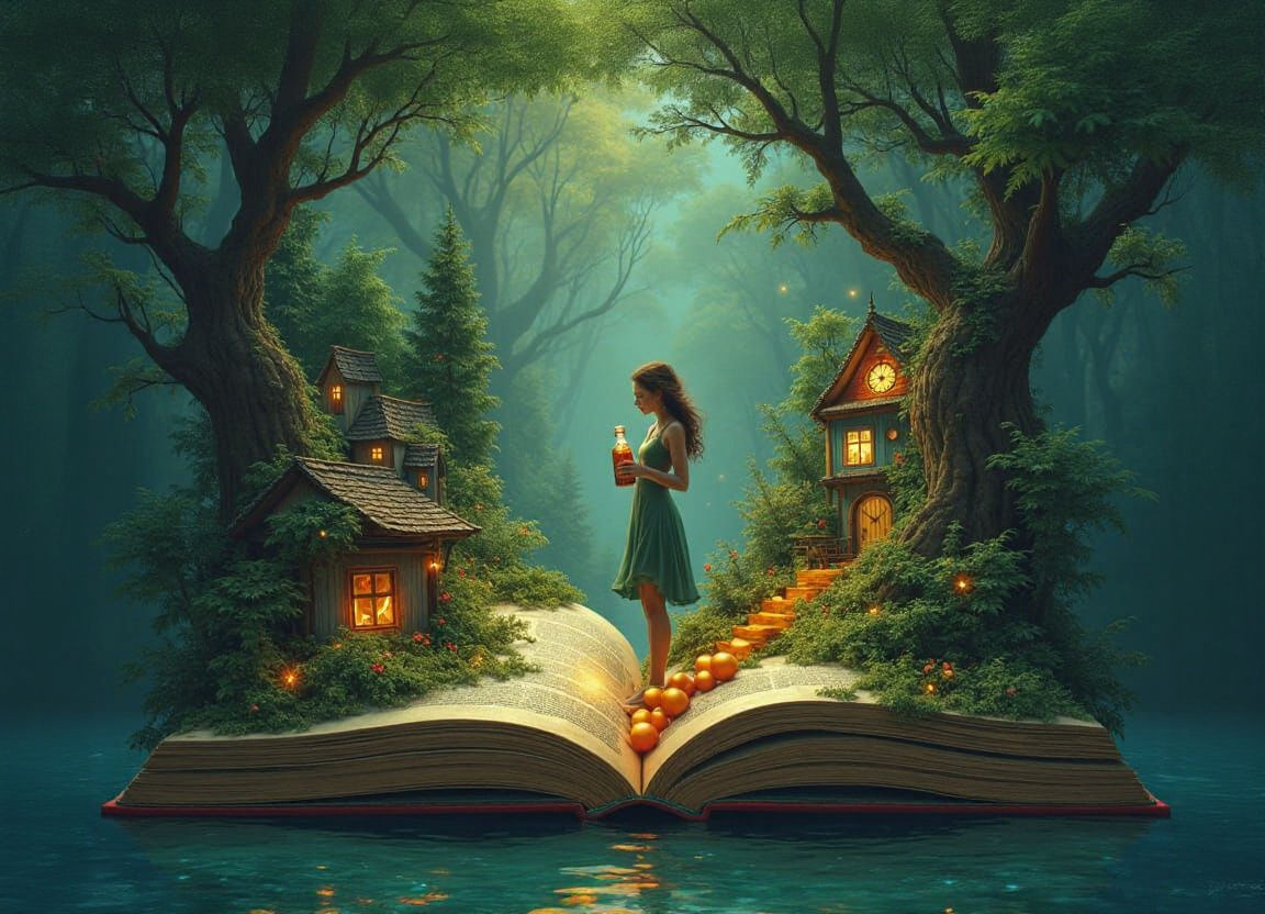 A fantasy landscape where an open book serves as the base of a magical lush jungle island with a woman ...  by @AutumnBear