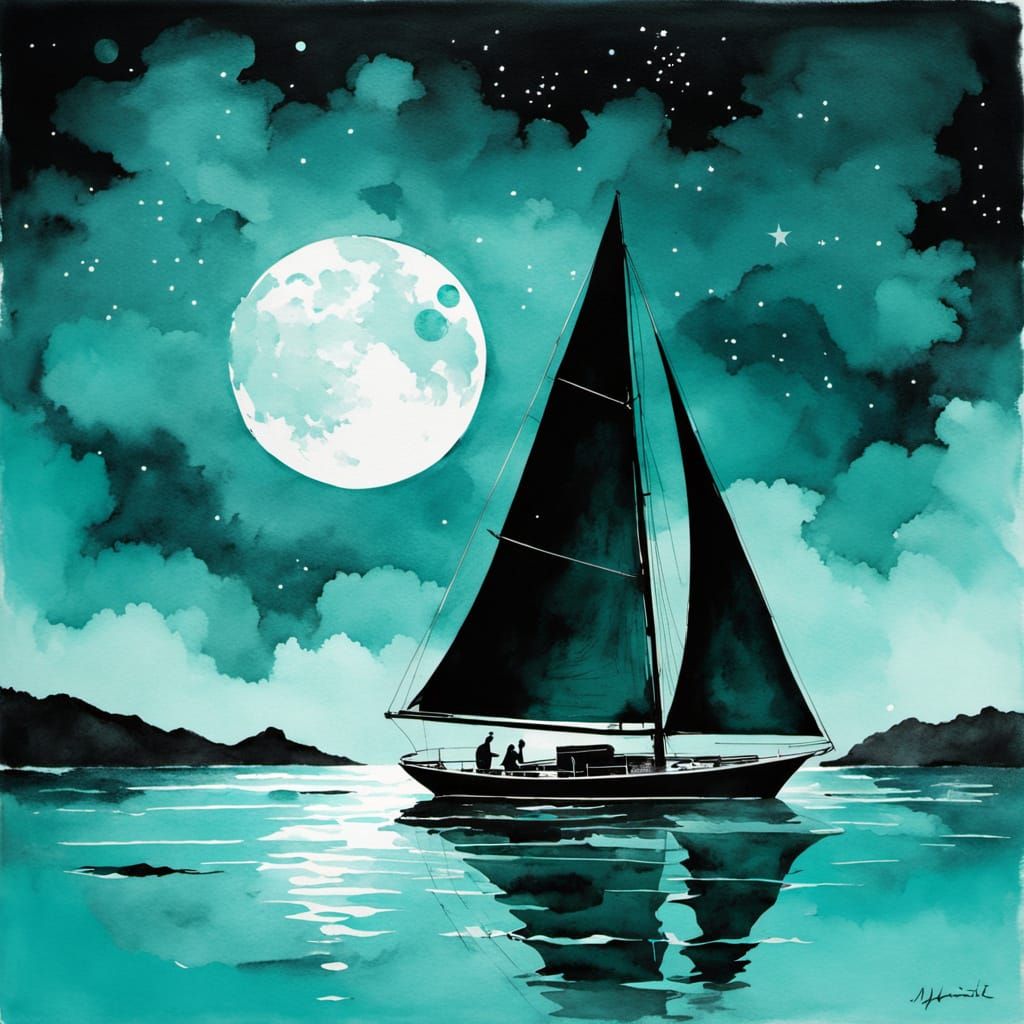 A sailboat in a turquoise night– 2025  by @axelb